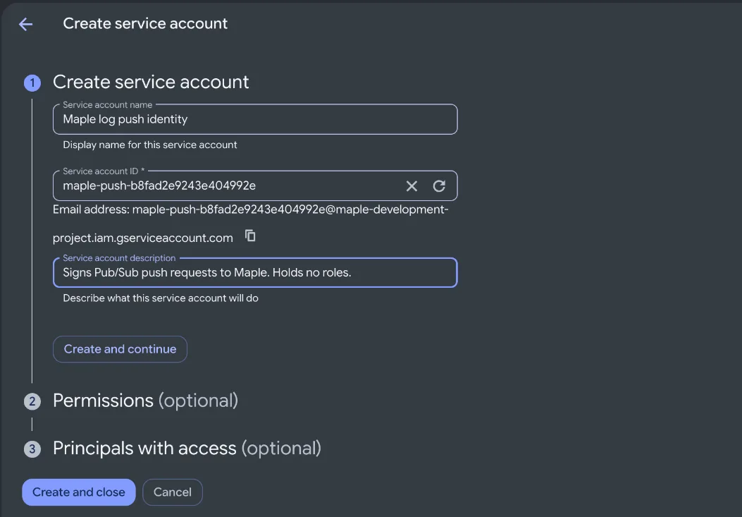 The Create service account form with the name Maple log push identity, the ID maple-push-… and the description filled in, and the Create and close button.